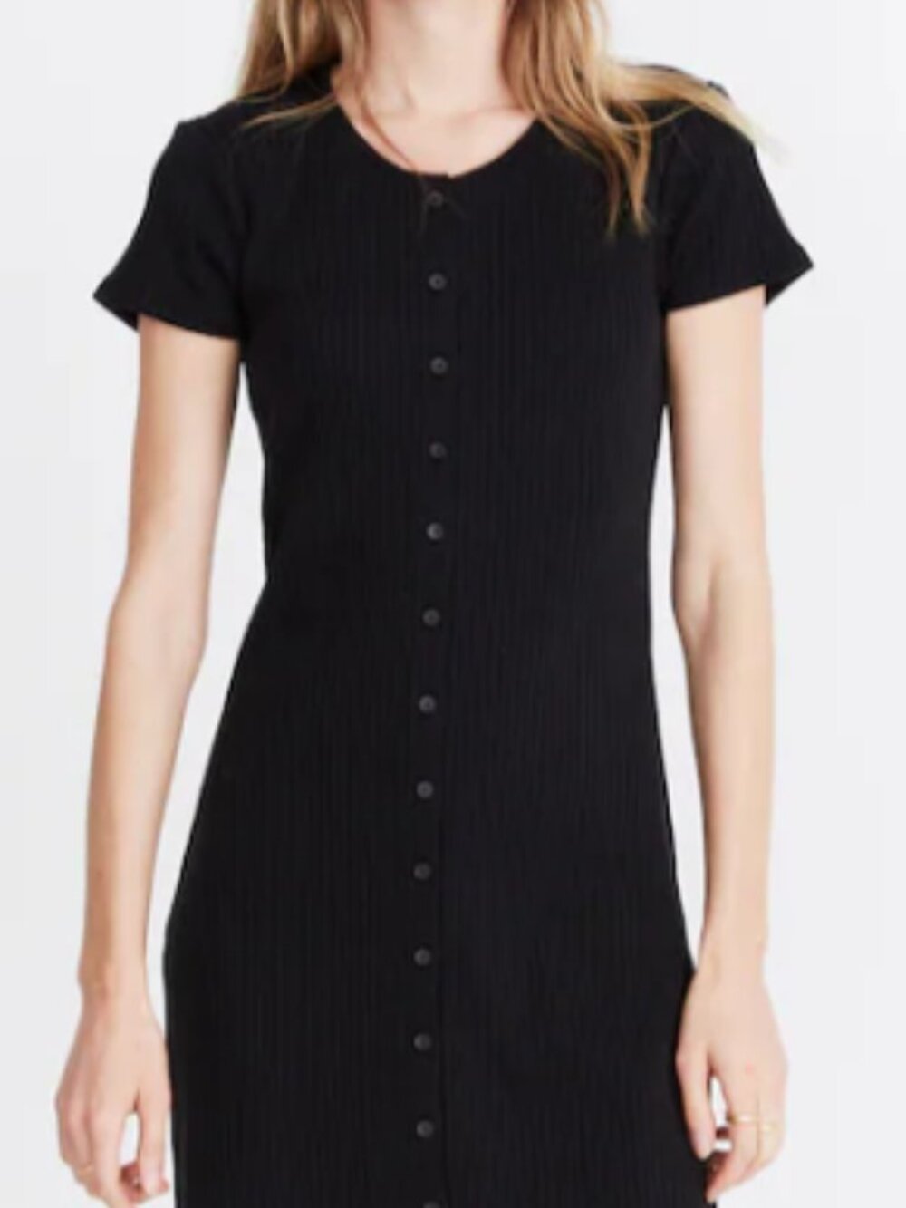 ✨ Madewell Ribbed Button-Front Short-Sleeve Bodycon Midi Dress Black Size S✨